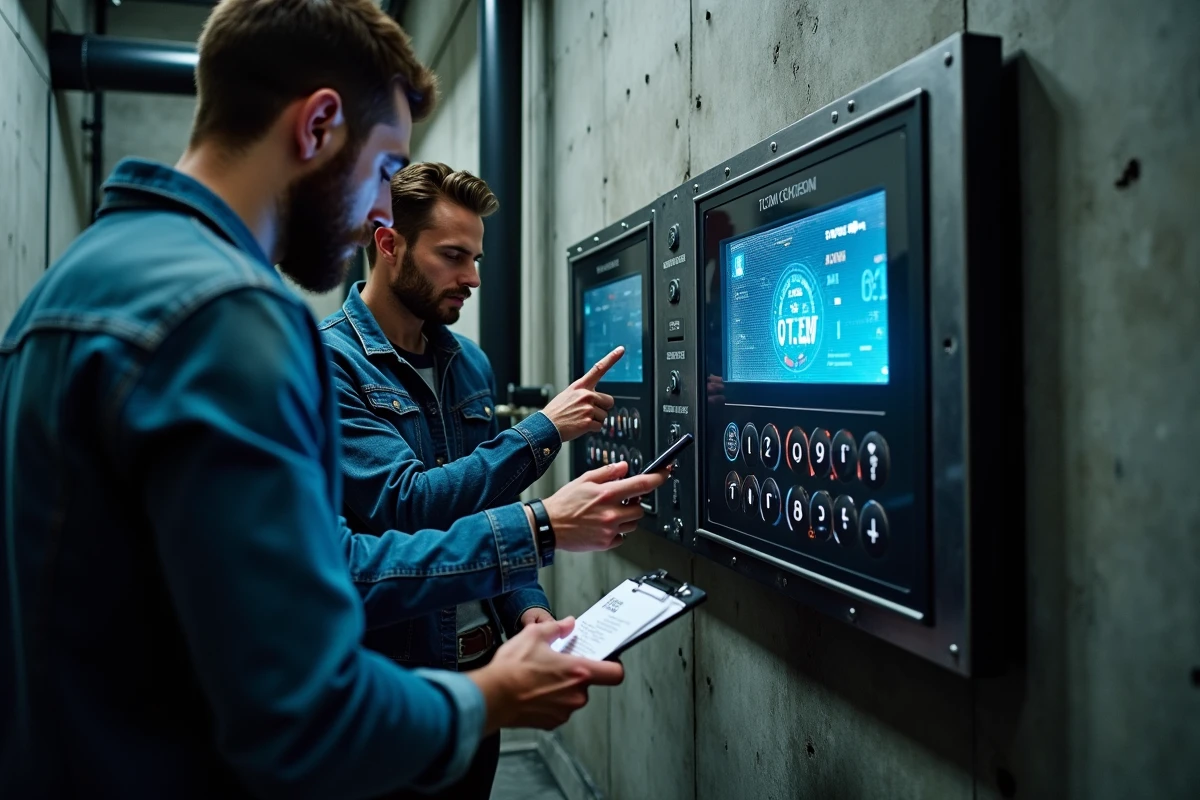 Groupe de joueurs adultes en train de résoudre un code numérique dans une escape room moderne à décor industriel