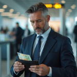 Homme d'affaires organisant des euros dans un aéroport