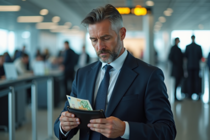 Homme d'affaires organisant des euros dans un aéroport