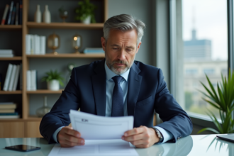 Homme d'affaires en costume regardant un document SCPI dans un bureau