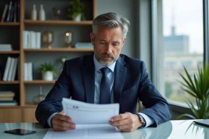 Homme d'affaires en costume regardant un document SCPI dans un bureau