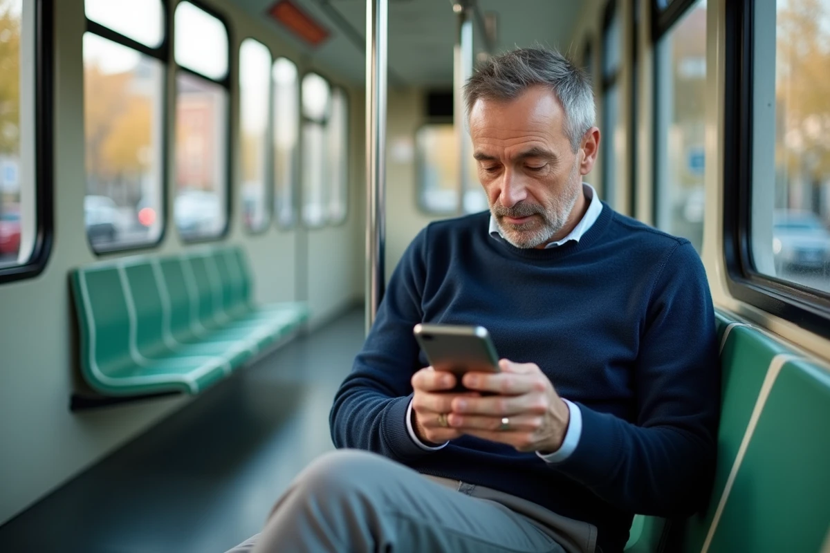 Homme consultant une application de tramway sur son téléphone à l'intérieur d'une rame de tram à Nantes