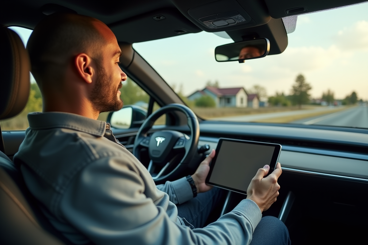 Homme souriant dans une voiture autonome en trajet suburbain