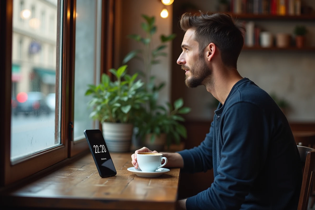 Homme dans un café remarquant 22h20 sur son téléphone, signe numérique lié à la signification flamme jumelle du nombre 22 20