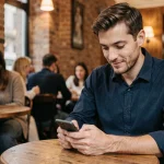 Homme dans un café parisien rédigeant son premier message sur un site de rencontre gratuit depuis son smartphone