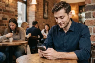 Homme dans un café parisien rédigeant son premier message sur un site de rencontre gratuit depuis son smartphone