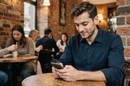 Homme dans un café parisien rédigeant son premier message sur un site de rencontre gratuit depuis son smartphone