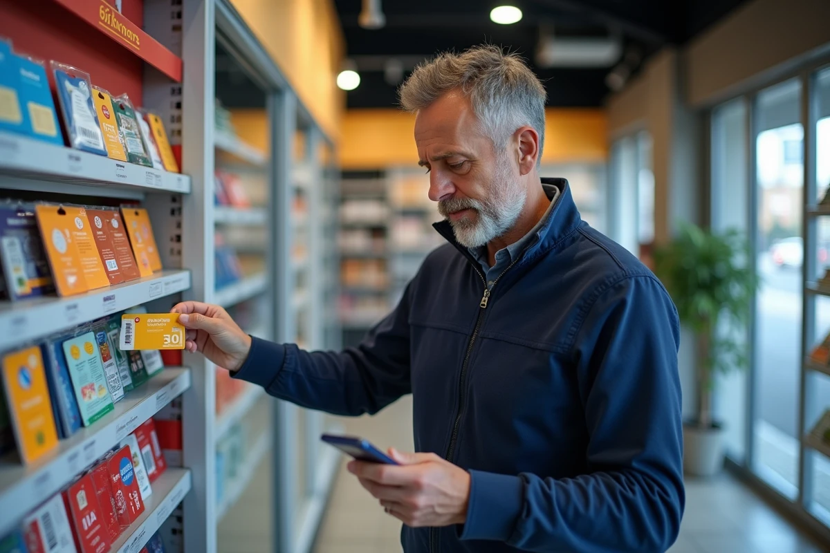 Homme en magasin tenant une carte de recharge Lycamobile 30 euros et vérifiant les conditions au dos