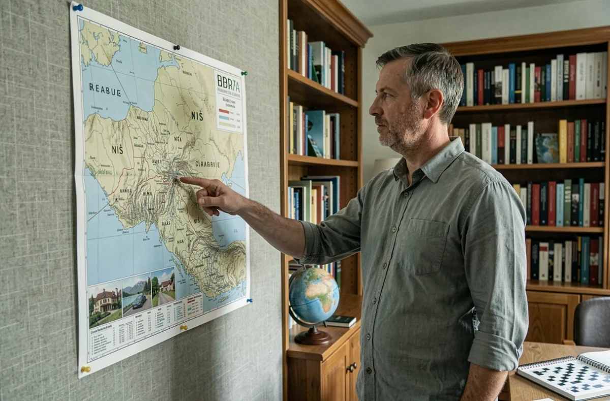 Homme pointant la ville de Niš sur une carte illustrée de la Serbie dans un bureau de géographie
