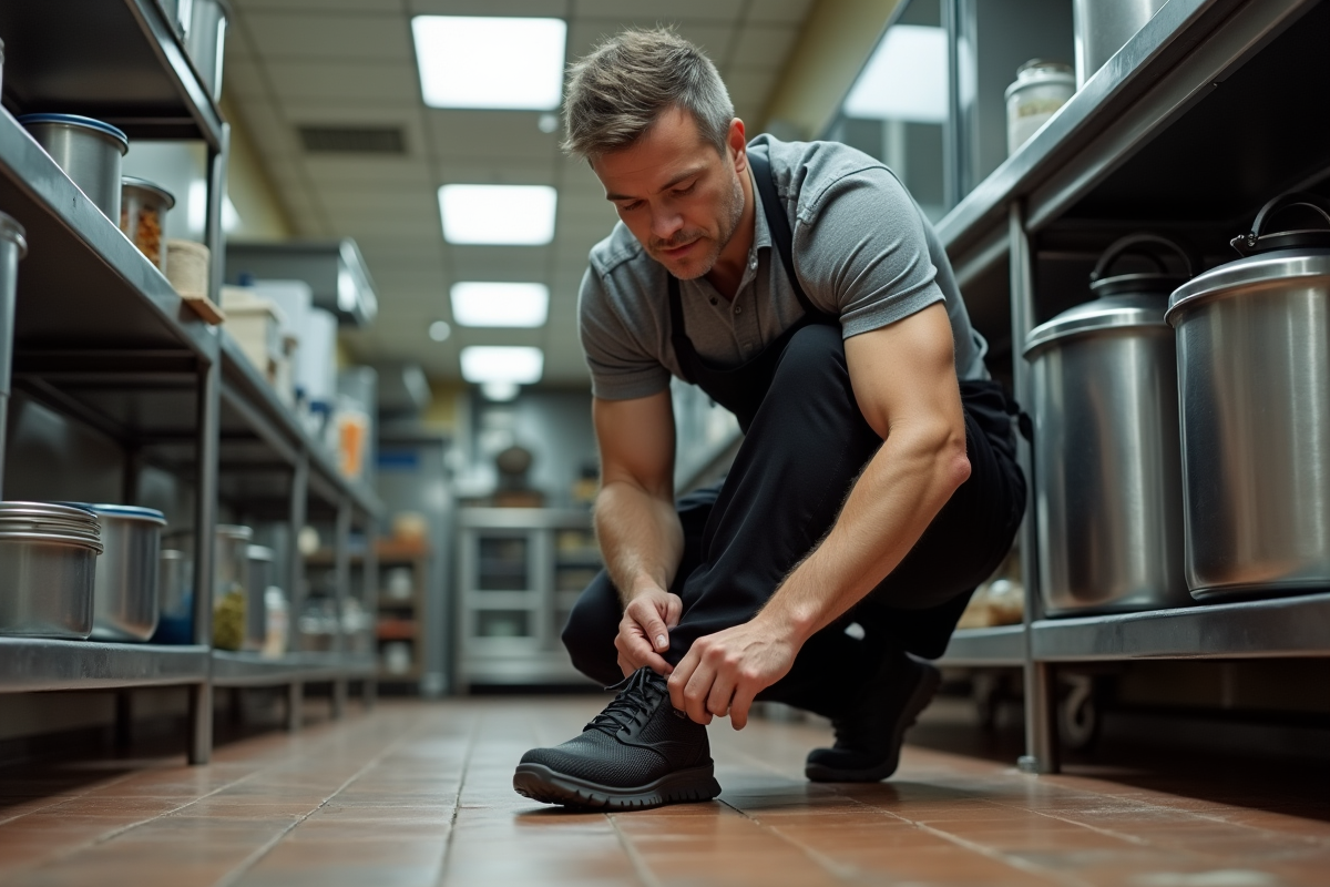 Cuisinier homme nouant ses chaussures dans la cuisine