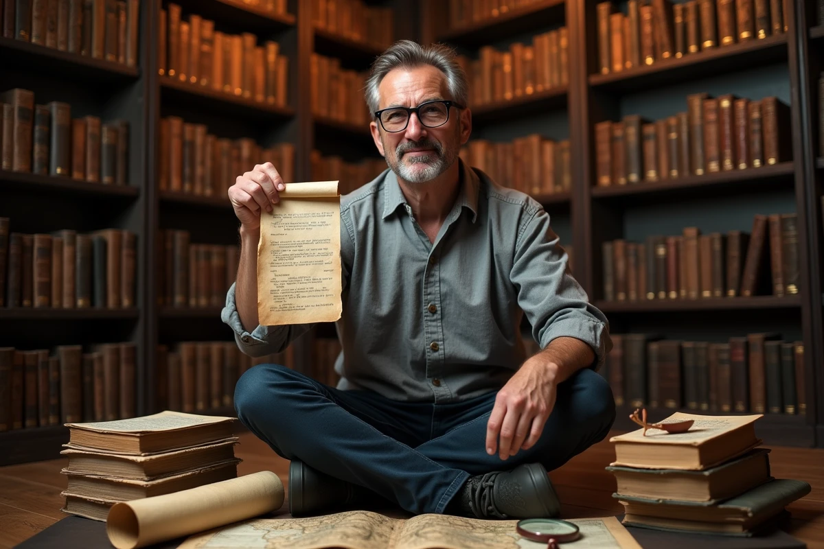 Homme adulte examinant un indice cryptique dans une escape room décorée en ancienne bibliothèque avec livres et parchemins