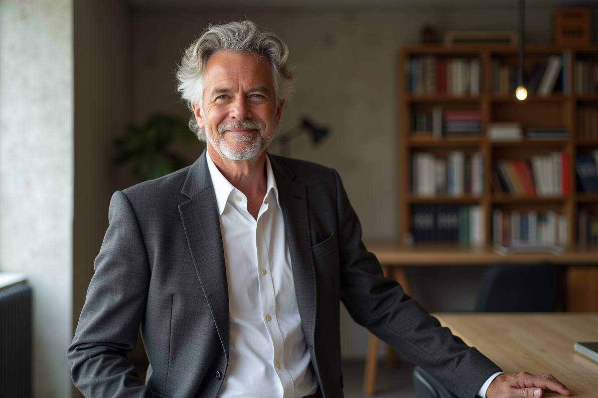 Homme français élégant en blazer dans un studio créatif