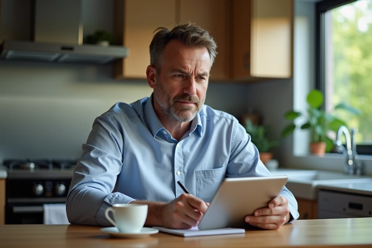 Homme lisant des conseils de sécurité sur une tablette dans la cuisine