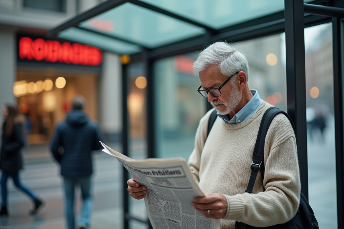 Homme âgé lit titre de journal sur inflation en ville