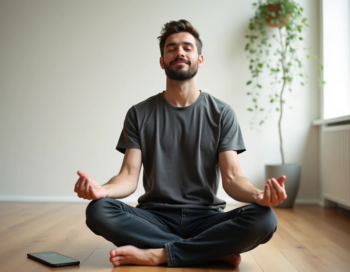 Homme en méditation sur un sol en bois avec un smartphone affichant 14h14, illustrant la pratique de la loi de l'attraction et des heures miroirs