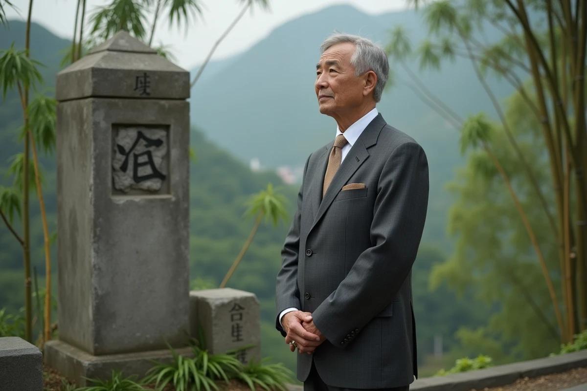 Homme en costume devant un monument gravé du caractère Tigre