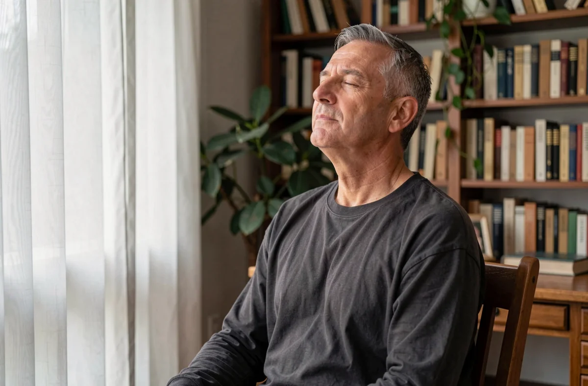 Homme en prière ou méditation profonde expérimentant un phénomène de flash visuel spirituel les yeux fermés