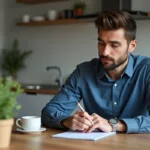 Homme pensif en cuisine avec carnet et ambiance chaleureuse