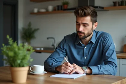 Homme pensif en cuisine avec carnet et ambiance chaleureuse