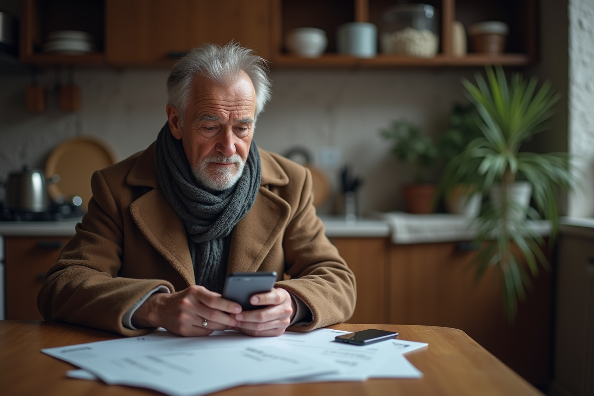 Homme âgé lisant des documents bancaires à la maison