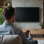 Homme dans un salon moderne regardant la télévision ultrafine