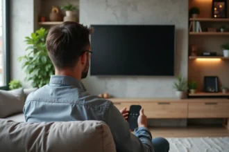 Homme dans un salon moderne regardant la télévision ultrafine