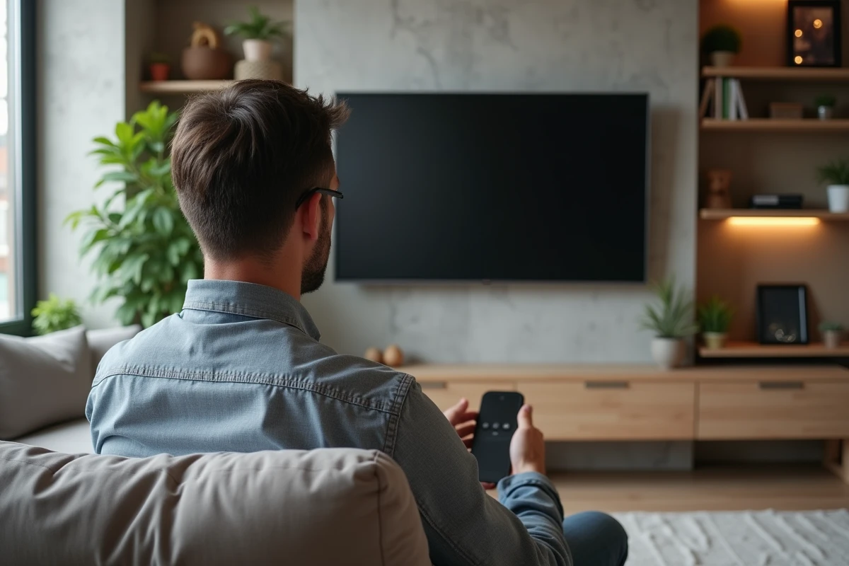 Homme dans un salon moderne regardant la télévision ultrafine