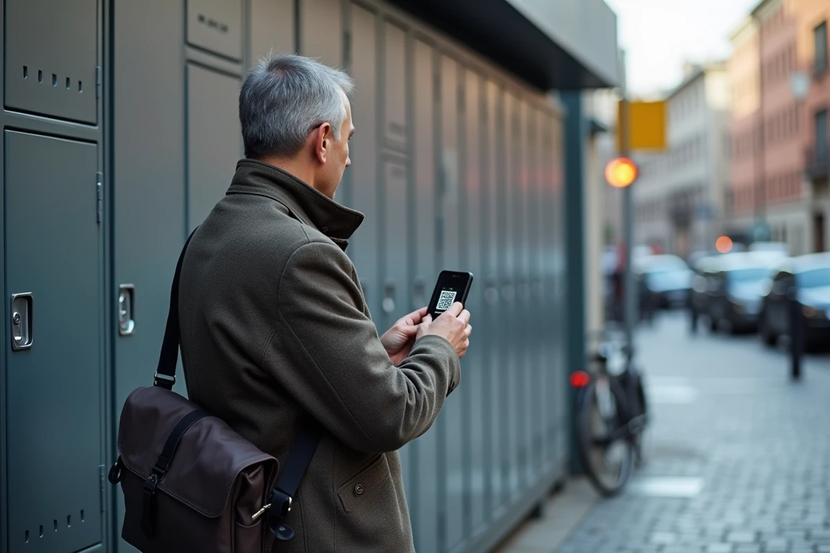 Homme utilisant son smartphone pour scanner un casier à colis