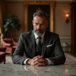 Homme en costume dans un lobby de luxe vide