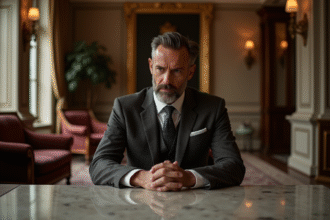 Homme en costume dans un lobby de luxe vide