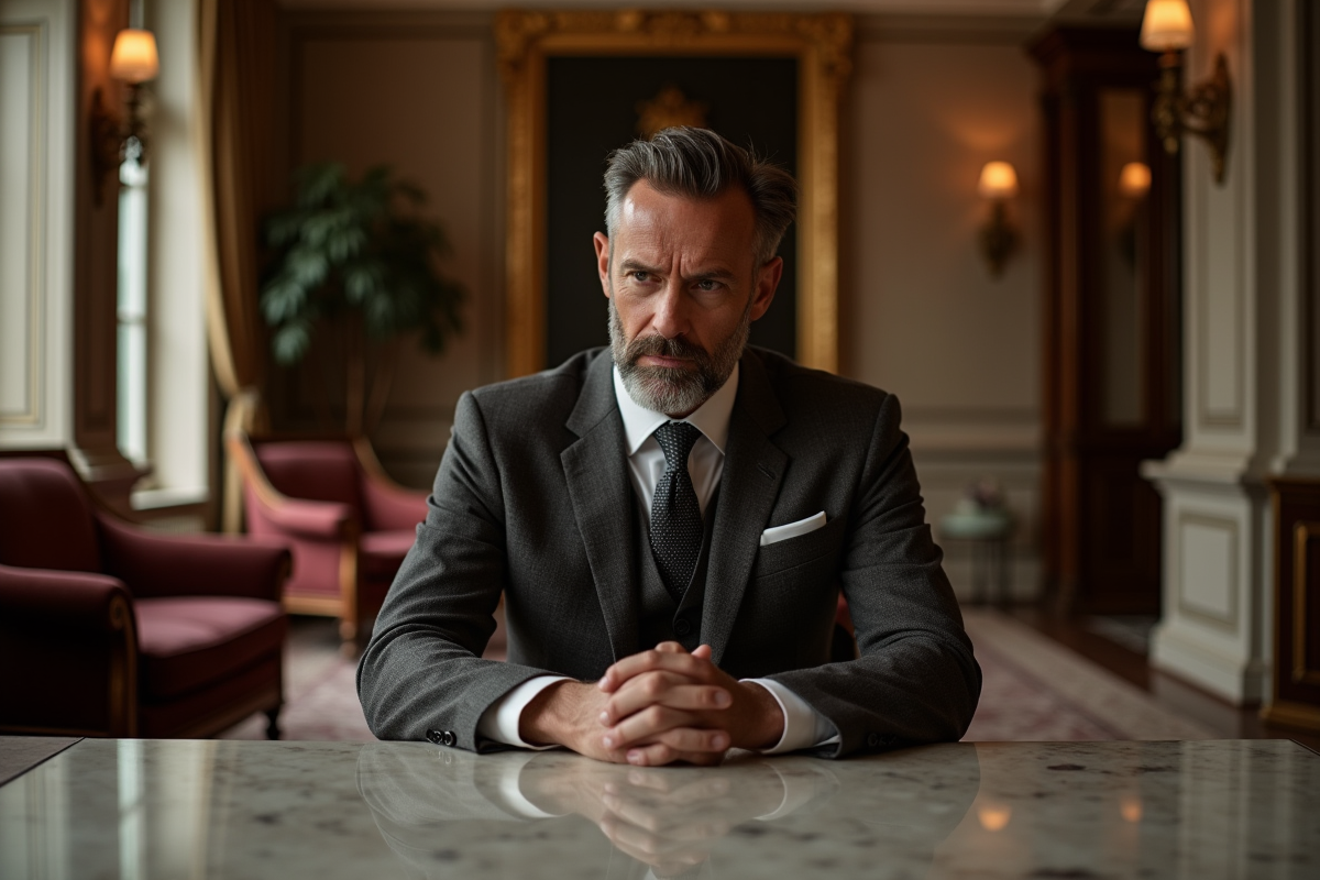 Homme en costume dans un lobby de luxe vide