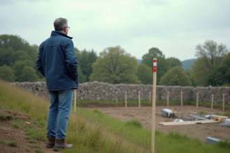 Homme français surveillant un chantier rural en plein air