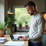 Homme d'âge moyen travaillant à la cuisine avec documents et ordinateur