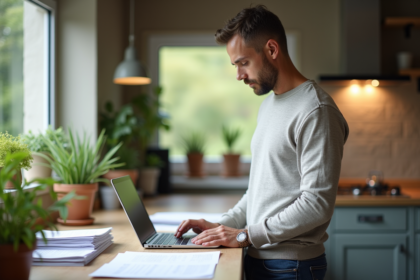 Homme d'âge moyen travaillant à la cuisine avec documents et ordinateur