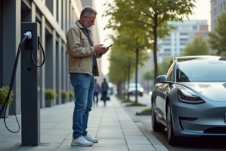 Homme d'âge moyen utilisant une application de recharge électrique en ville