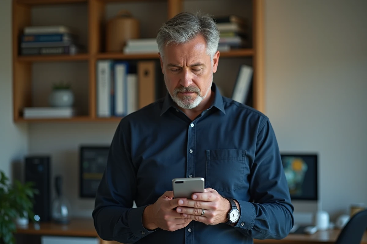 Homme hésitant devant une notification de virement bancaire suspect sur son smartphone lors d'une transaction Bon Coin