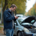 Homme frustré regardant son téléphone près d'une voiture en panne