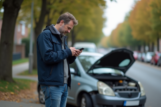 Homme frustré regardant son téléphone près d'une voiture en panne