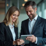 Homme et femme d'affaires regardant une tablette dans un bureau moderne