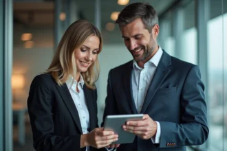 Homme et femme d'affaires regardant une tablette dans un bureau moderne