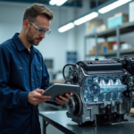 Ingénieur automobile examinant un moteur Toyota détaillé