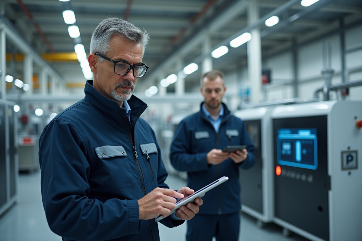 Ingénieur homme examine une pile à hydrogène moderne