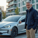 Ingénieur inspectant une voiture à hydrogène en extérieur
