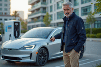 Ingénieur inspectant une voiture à hydrogène en extérieur