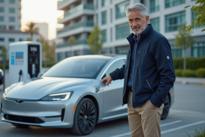 Ingénieur inspectant une voiture à hydrogène en extérieur