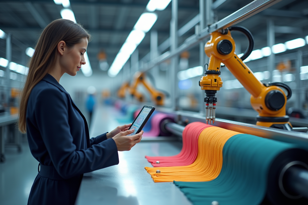 Ingénieur textile utilisant une tablette pour programmer un bras robotique