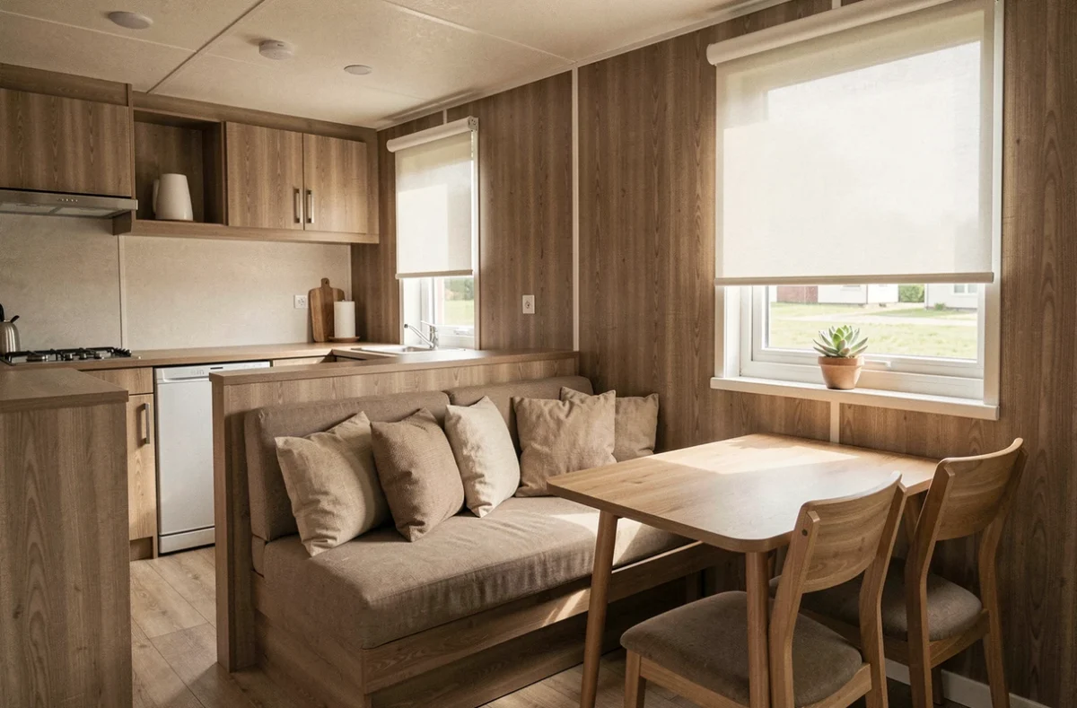 Intérieur spacieux et moderne d'un mobil-home avec cuisine ouverte et salon cosy