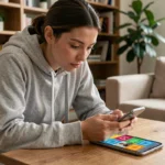 Une jeune femme concentrée sur un jeu de mots illustré avec 4 images sur son smartphone posé sur une table en bois