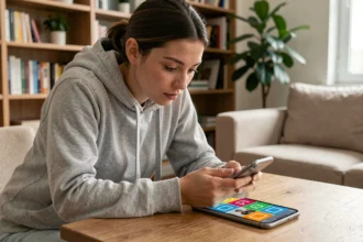 Une jeune femme concentrée sur un jeu de mots illustré avec 4 images sur son smartphone posé sur une table en bois