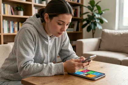 Une jeune femme concentrée sur un jeu de mots illustré avec 4 images sur son smartphone posé sur une table en bois